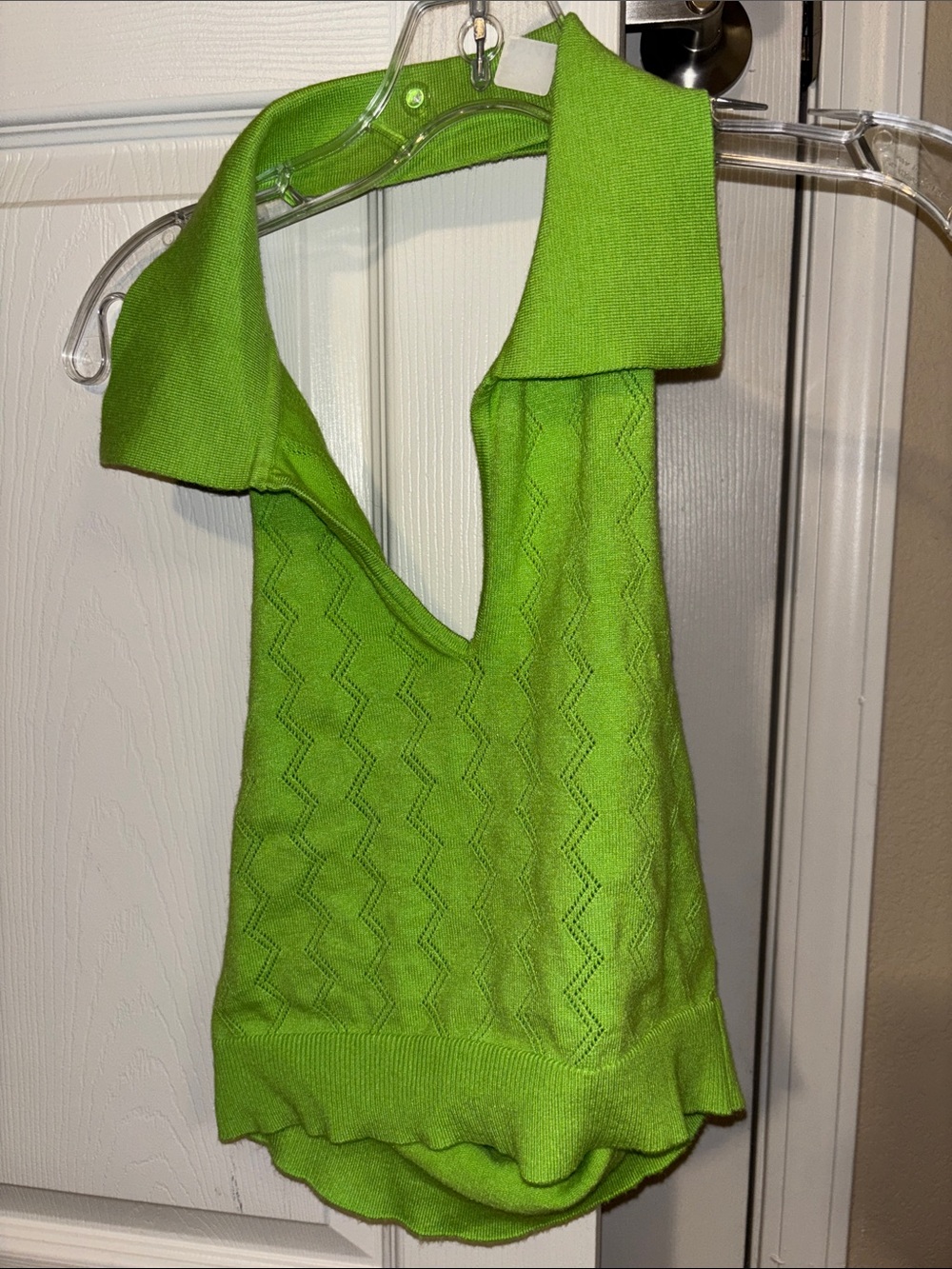 Green Knit Backless Halter Dress with Polo Collar